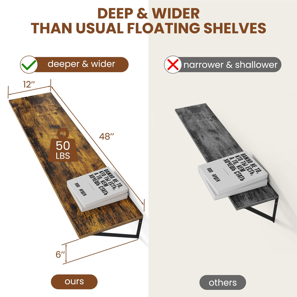 48W x 12D Deep Floating Shelves Set of 2 Rustic Brown