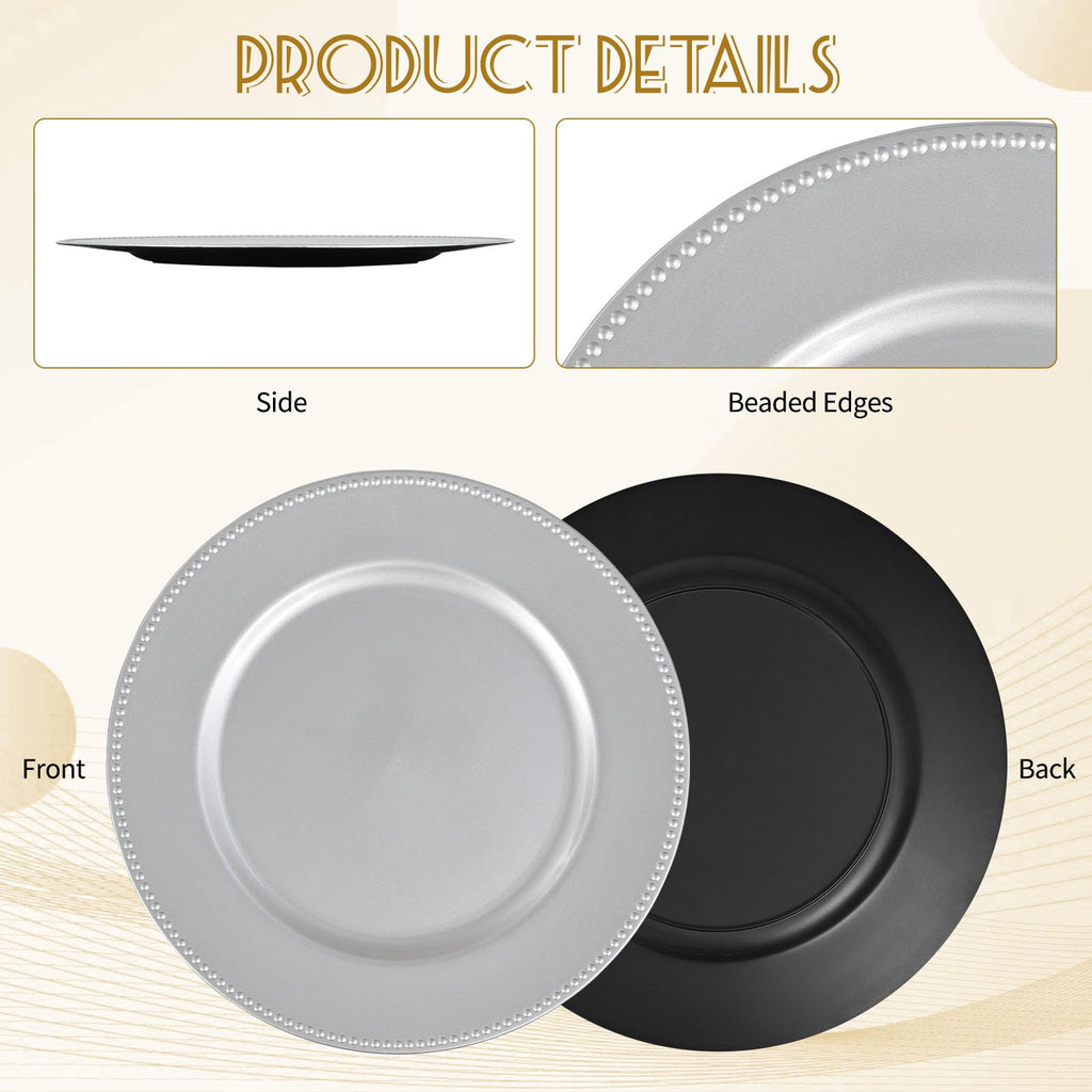 50 Pack Silver Charger Plates Bulk, 13 Inch Round Plastic
