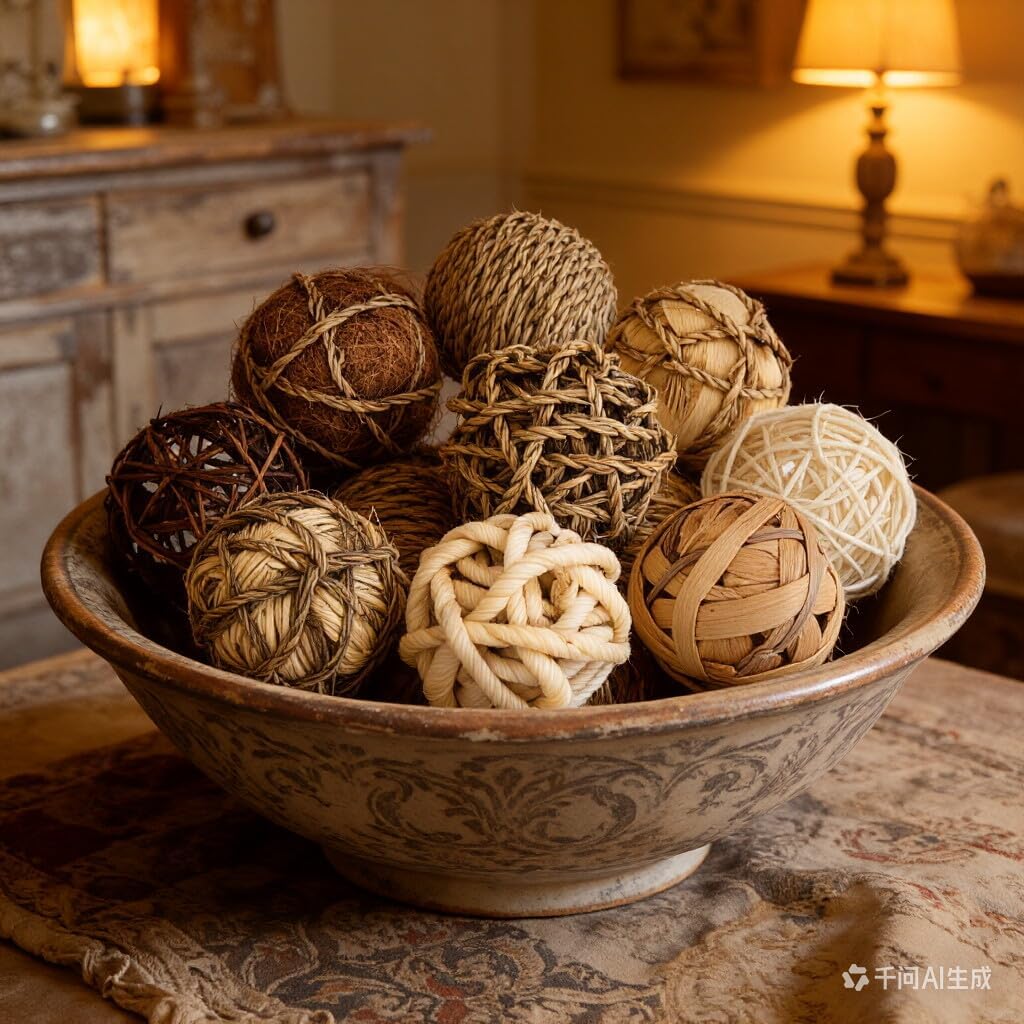 Rustic Decorative Balls for Centerpiece Bowls Vase Tray Fillers, 2.8 inch Assorted Wicker Rattan Balls Green - Set of 9