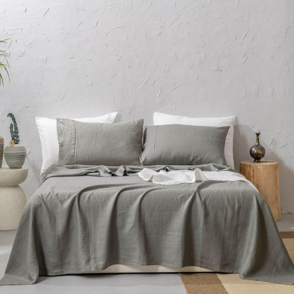 100% Washed French Linen Sheet Set - Charcoal Linen-4 Pieces (1 Flat Sheet, 1 Fitted Sheet & 2 Pillowcases)