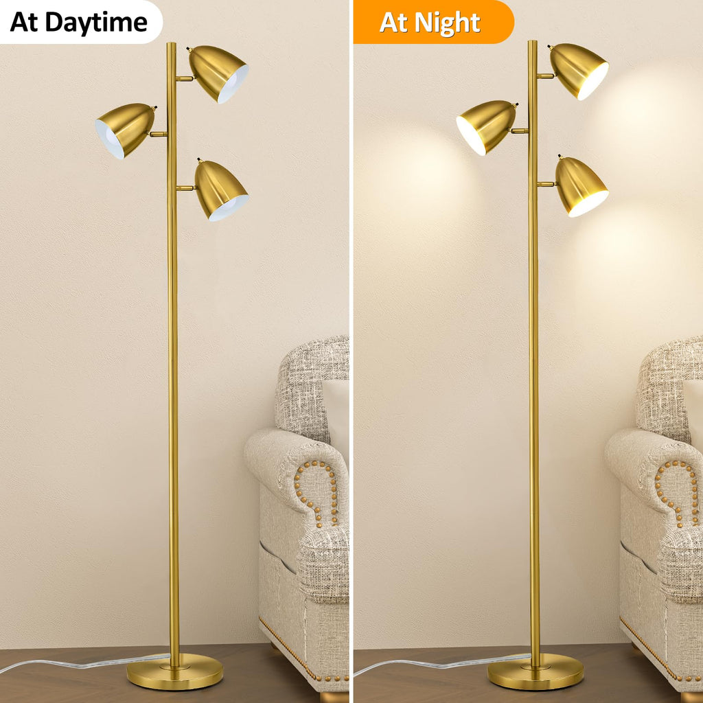 65-Inch Gold 3-Light Tree Floor Lamp with Adjustable Metal Heads
