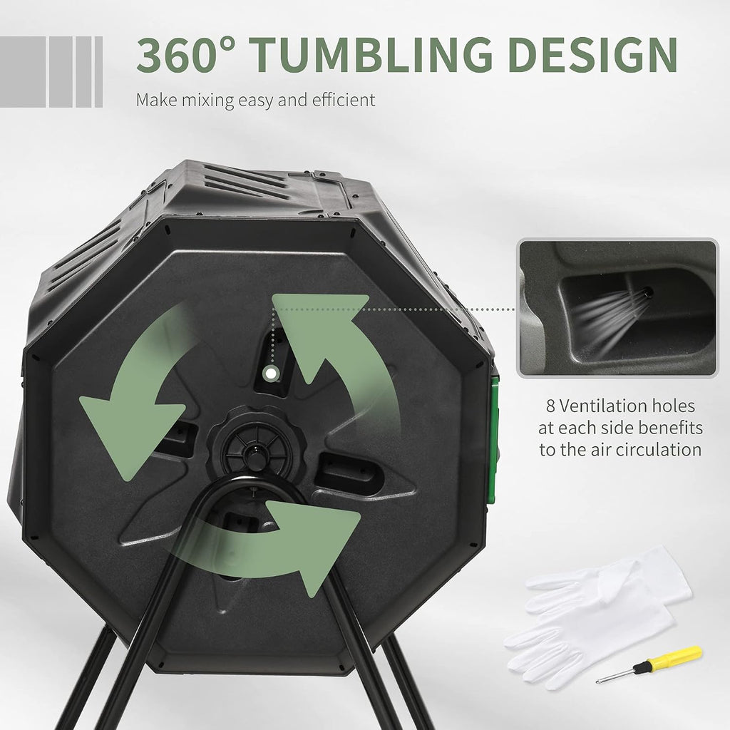 Tumbling Compost Bin 360° Dual Chamber 43 Gallon, Green | Outdoor, Rotating Composter