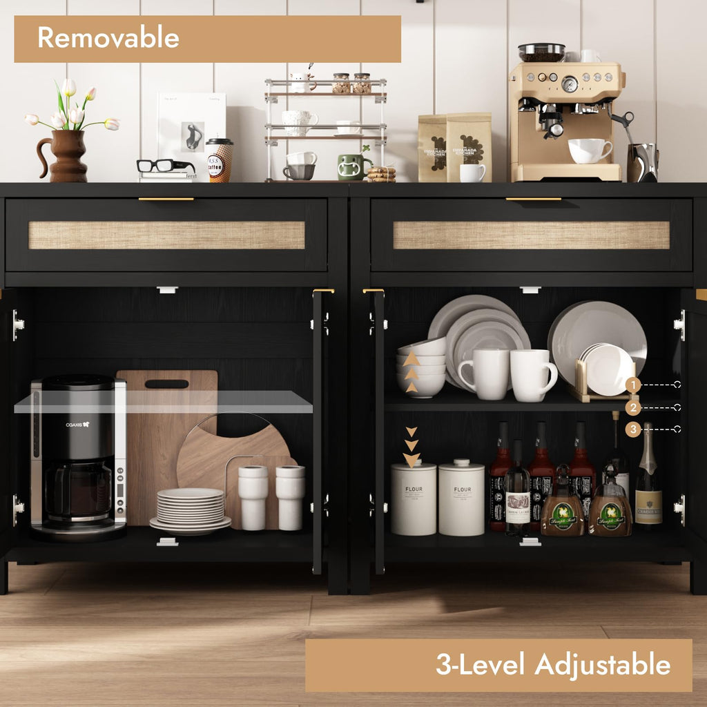 90" Rattan Sideboard Buffet Cabinet, Boho Storage Cabinet, 3PCS