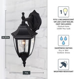 Waterbury Outdoor Light Fixture, 14.25 Inch Exterior Wall Lantern Sconce for Front Door, Patio and Porch, Black, 2461-BK