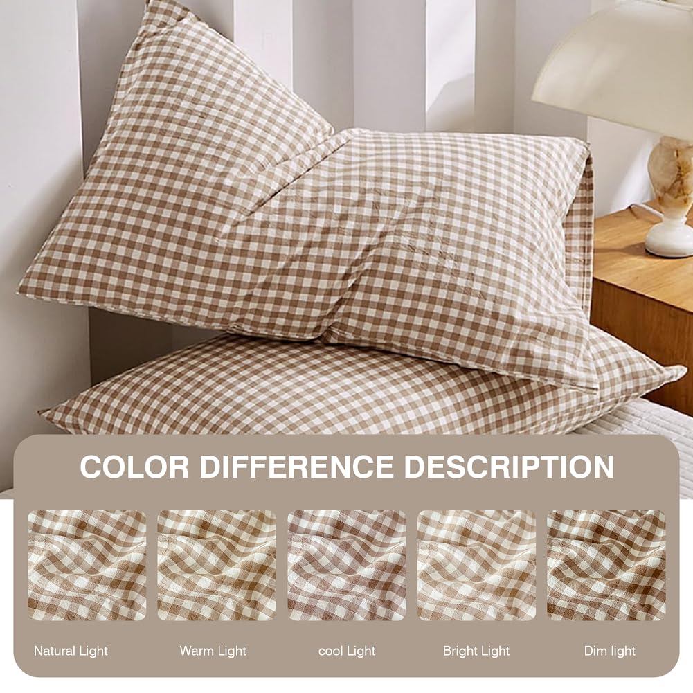 Tan Gingham Pillowcases Set Farmhouse Standard Size Pillow Shams Buffalo Taupe Plaid Pillowcases Set of 2, Grid