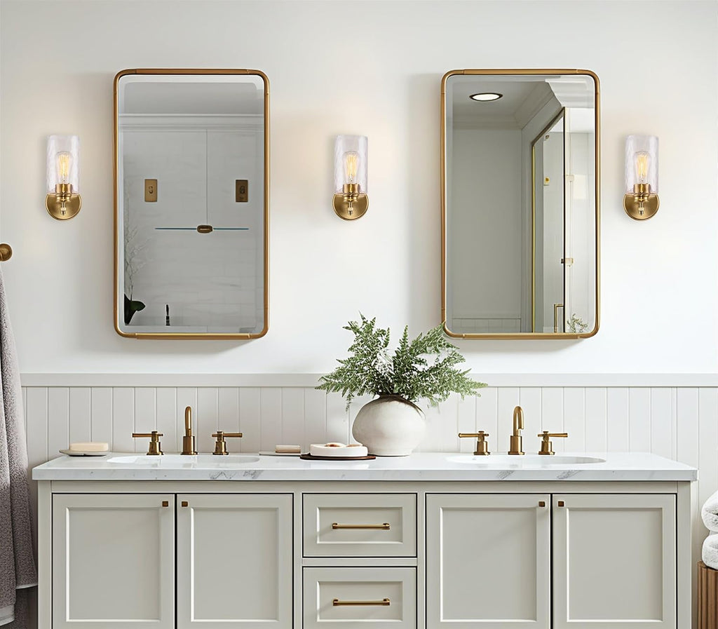 Phoebe 10" Modern Gold Wall Sconce with Hammered Glass Shade, Gold Wall Light with Water Glass Cylinder Shade, Cool