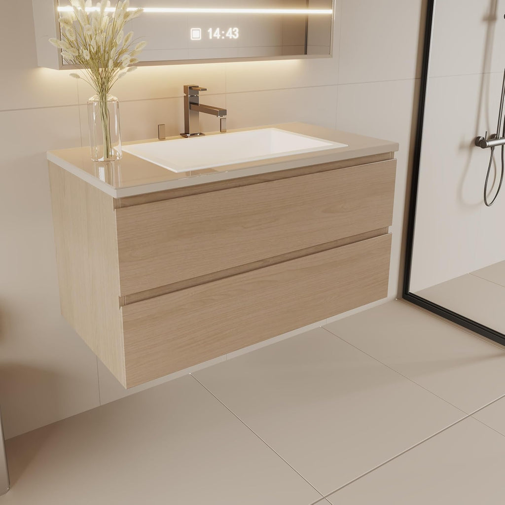 24 Inch Wall Mounted Bathroom Vanity Modern Floating Cabinet with Soft Close Drawers Laminate Doors Plywood Construction Cosmo Sand / Handler -- 24-inch-wall-mounted-bathroom-vanity-modern-floating-soft-close-drawers-cosmo-sand