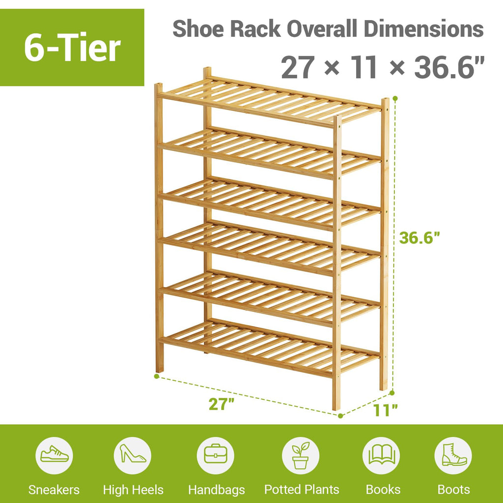 6-Tier Bamboo Shoe Rack Premium Stackable Shoe Shelf Storage Organizer Closet Living Room Entryway Organizer (Natural