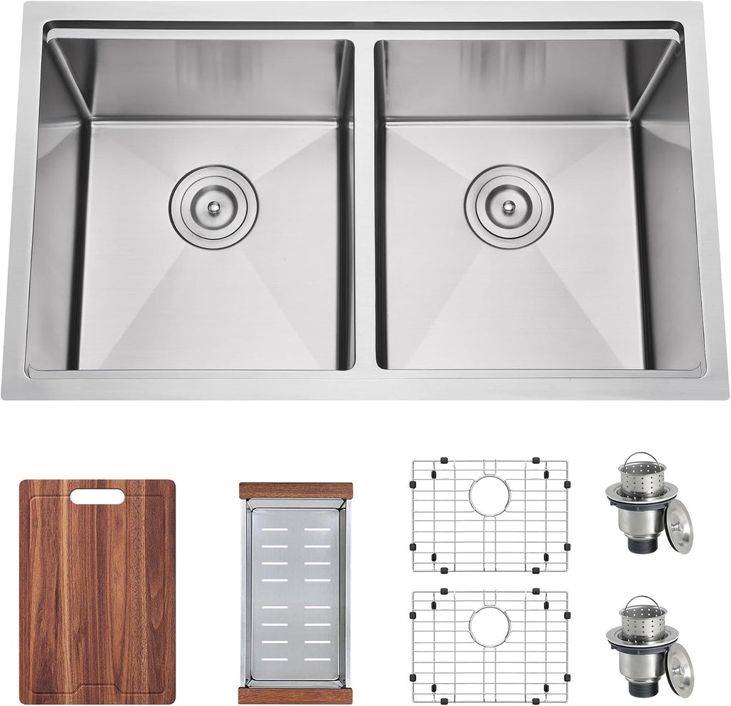 32 Inch Undermount Workstation Handmade Double Bowl Kitchen Sink | 16 Gauge Thickness, 304 Stainless Steel, Brushed