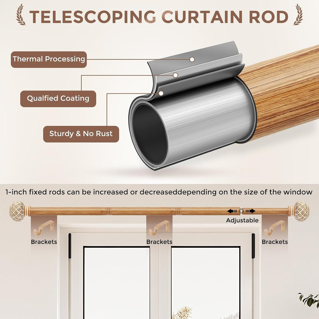Boho Curtain Rods for Windows 48 to 84 Inches, Decorative 1'' Diameter Heavy Duty Adjustable Rustic Farmhouse Drapery