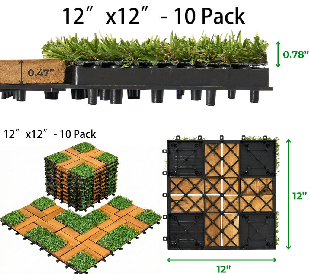 Interlocking Acacia Wood and Artificial Grass Deck Tiles, 12"x12", 0.94" Thick, Outdoor Patio Flooring for Garden