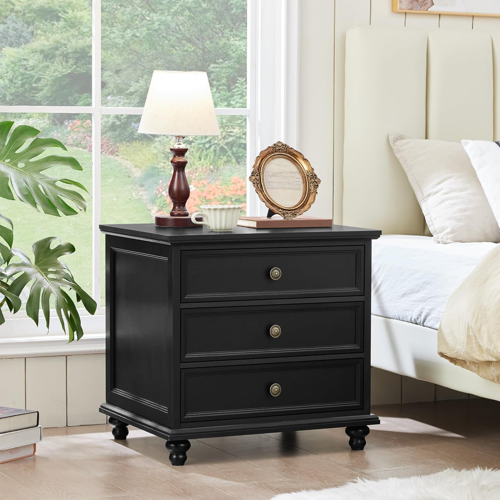24" Wide Farmhouse Night Stand Set of 2, Large End Table with 3 Drawers & Metal Handle, Wood Cabinet, Bed Side Table
