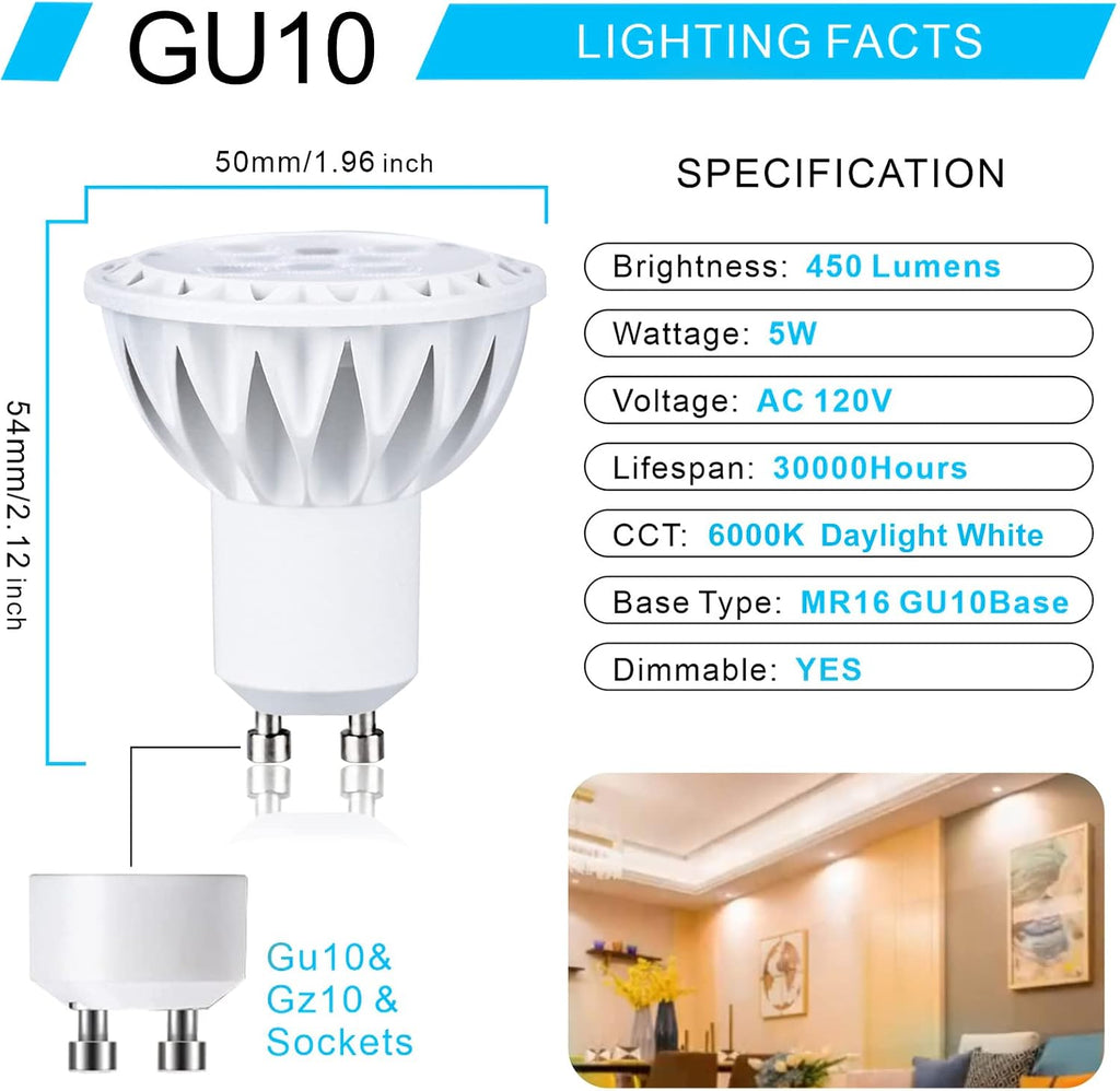 GU10 LED Bulb 5W 6000K Daylight White Dimmable, Pack of 6