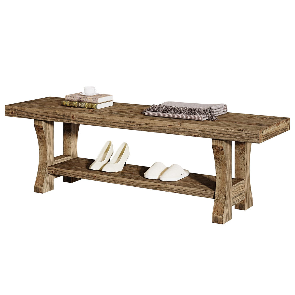 Solid Wood Storage Bench, Farmhouse Entryway Bench, Long Indoor Dining Seat, Easy Assembly, Dark Brown