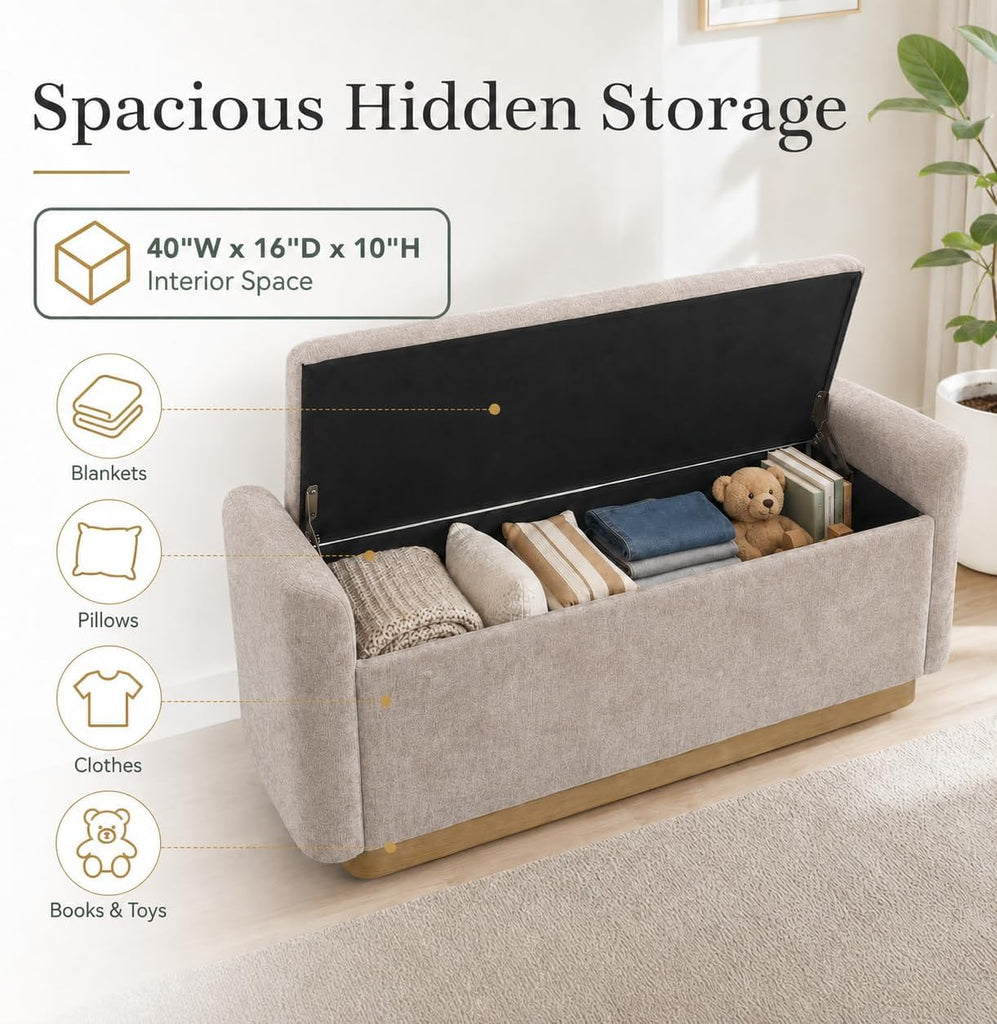 49" Storage Ottoman Bench, Upholstered Bench, Chenille, Brown | End of Bed Bench with Hidden Storage, Safety Hinge &