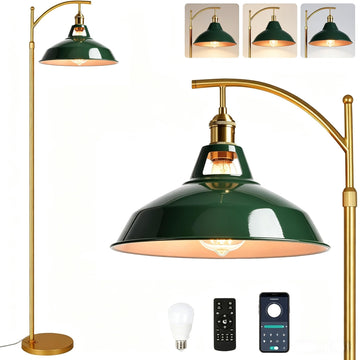 Vintage Floor Lamp, Green Dimmable Standing Lamp with Remote, Gold Mid Century Modern Brass Tall Lamp Boho Floor Lamps
