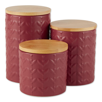 Kitchen Accessories Collection, Textured Matte Ceramic Canister Set, Barn Red, Vine, 3 Piece
