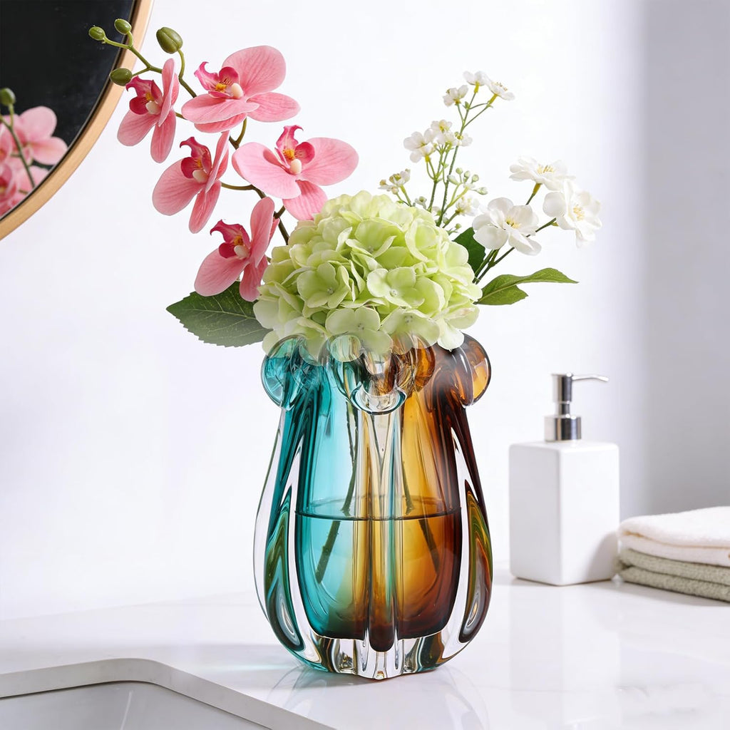Hand Blown Glass Vase, Murano-Style Colorful Art Glass Centerpiece, Heavy Large Wide Mouth Ruffle Rim, Teal Turquoise