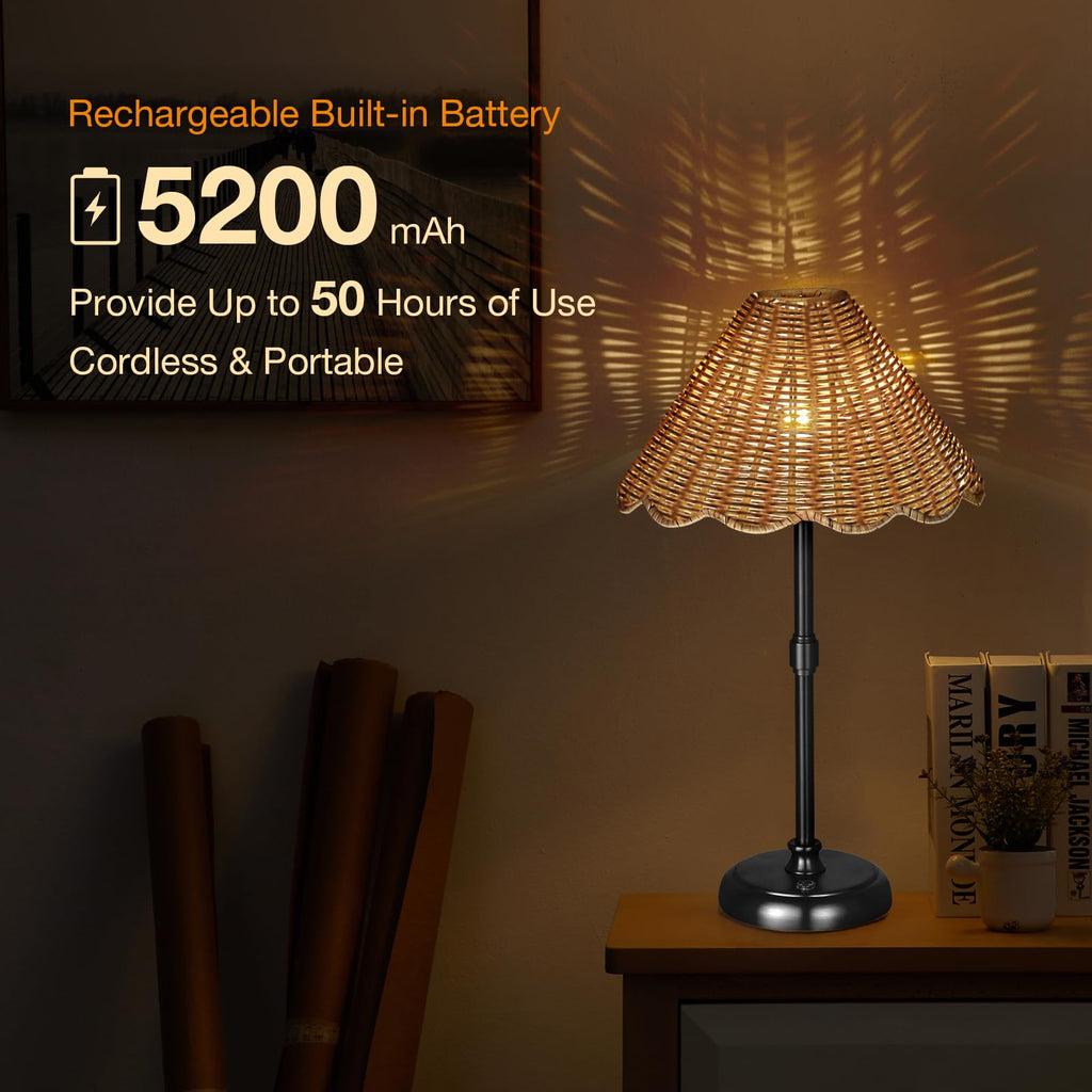 Cordless Boho Rattan Table Lamp Black, 5200-mAh Rechargeable Battery, 3-Level Brightness Dimmable, Build