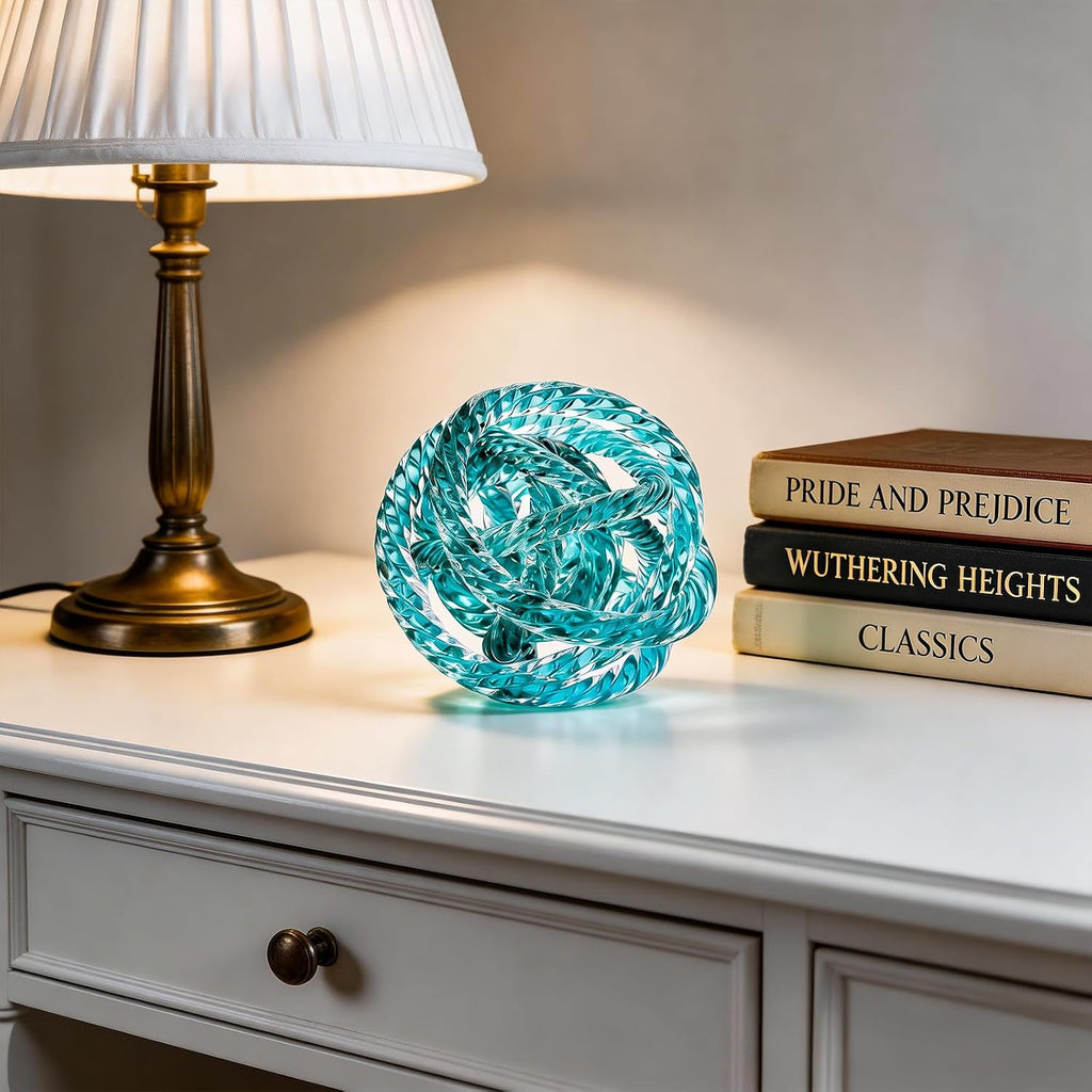Glass Knot Teal Orbit Ball - 6 Inch Hand Blown Infinity Sculpture Decor Glass Orbit Home Decor Table Decoration
