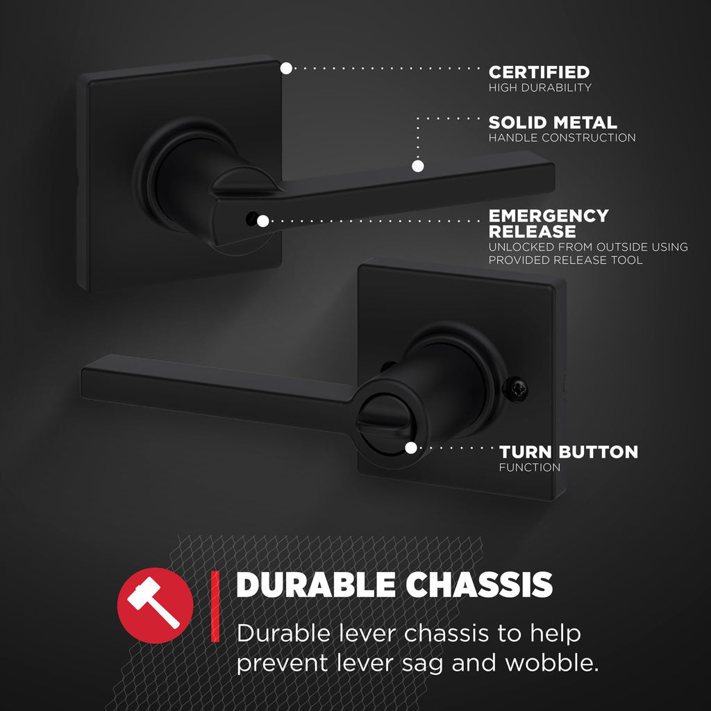 Casey Interior Privacy Door Handle with Lock 10 Pack, Door Lever , Matte Black Reversible Keyless Turn Lock, with