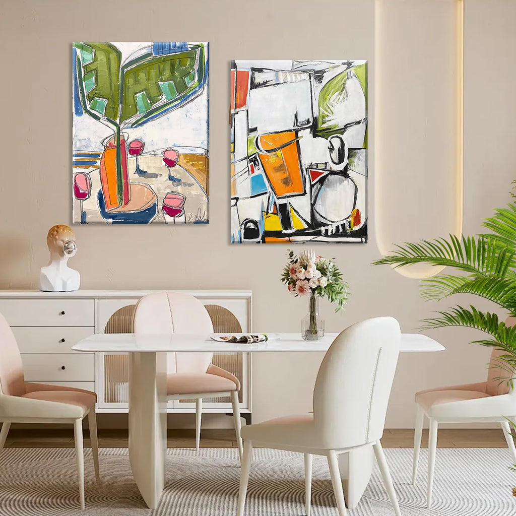 Framed 2pcs Abstract White Green Wall Art Geometric Print Colorful Dining Room Canvas Painting Modern Mexican Style