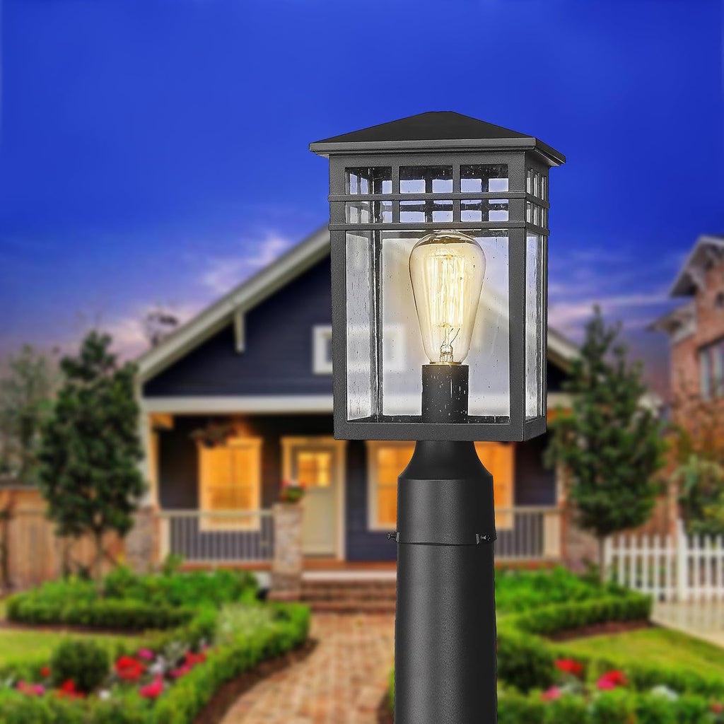 Outdoor Post Light Fixture, Modern Exterior Pillar Lantern with Black Finish & Seeded Glass, Pole Light for Garden