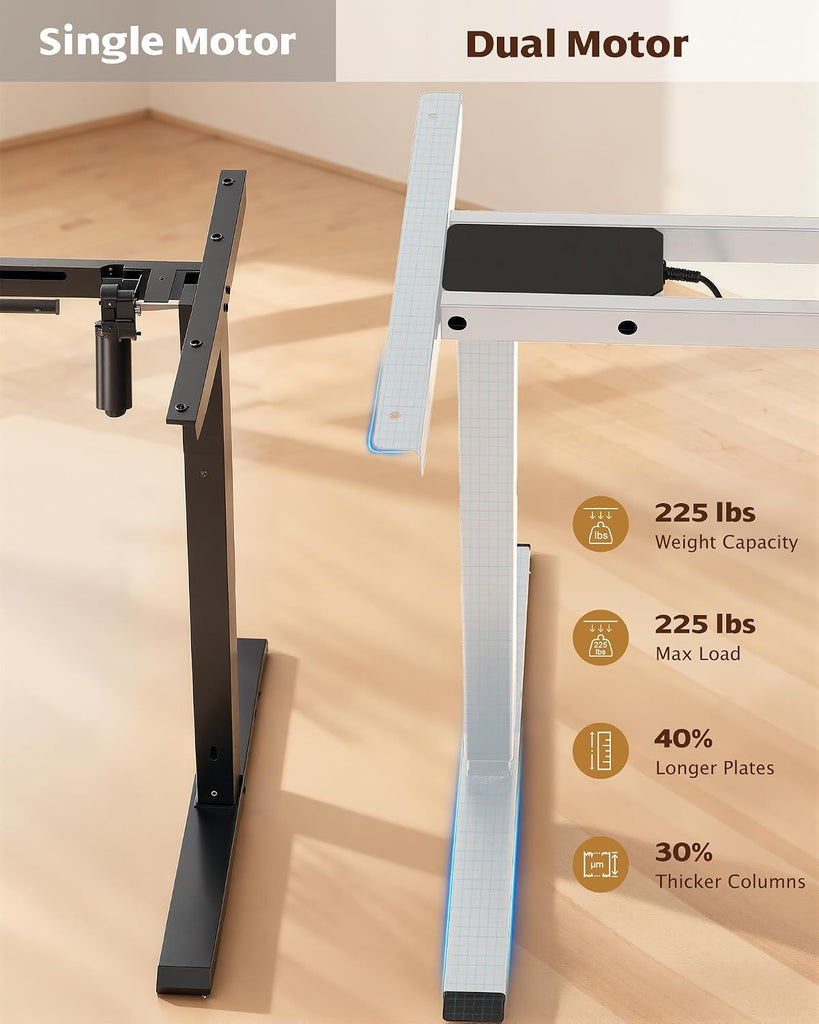 Dual Motor Standing Desk Frame, 225 lbs Capacity, White | Dual motors, 225 lb capacity, memory presets