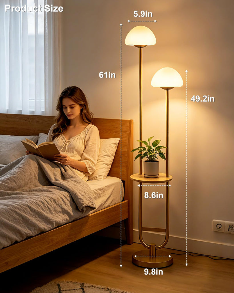 Mushroom Floor Lamp with Shelf 2-Lights Modern Dimmable Floor Lamps