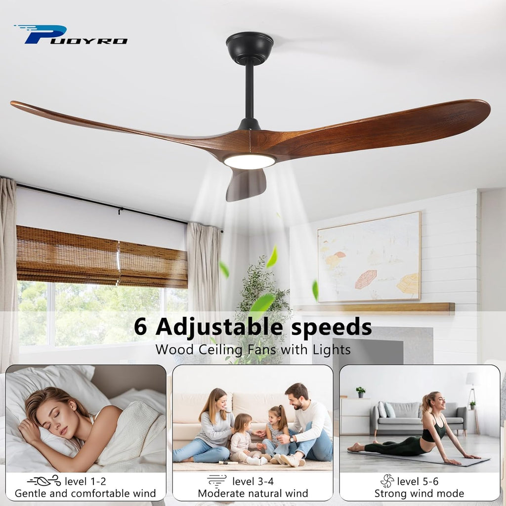 60" Ceiling Fan with Light and Remote, 6-Speed Dimmable Outdoor Ceiling Fan, High CFM Quiet 3 Blade Wood Ceiling Fan