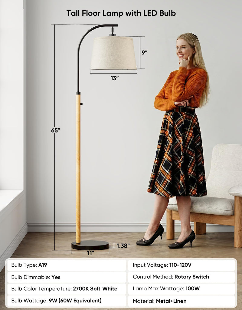 Dimmable Floor Lamp, 65" Tall Metal Standing Lamp with Bulb