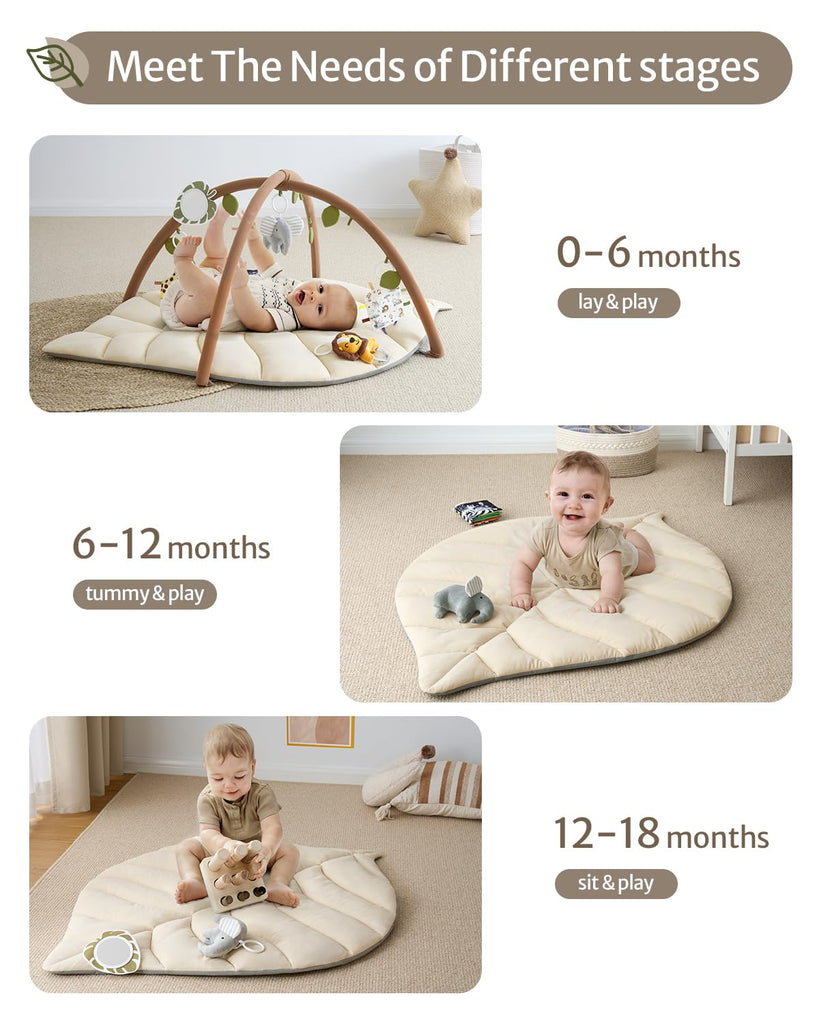 Play Gym & Activity Mat, Leaf Shaped Baby Tummy Time Play Mat with 6 Detachable Toys, Promotes Motor Skills & Sensory