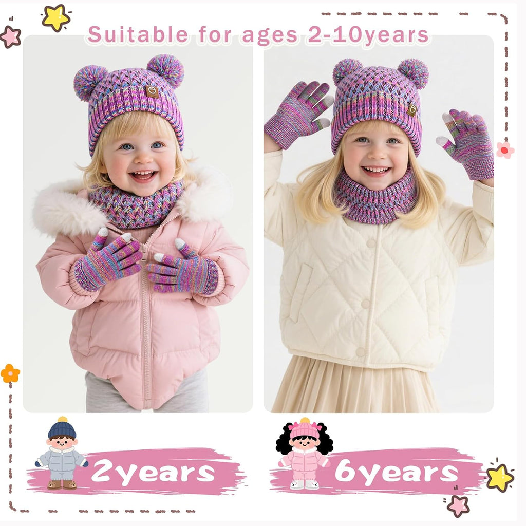 Kids Winter Hat Gloves Scarf Set,Toddler Girls Beanie Hats with Pom