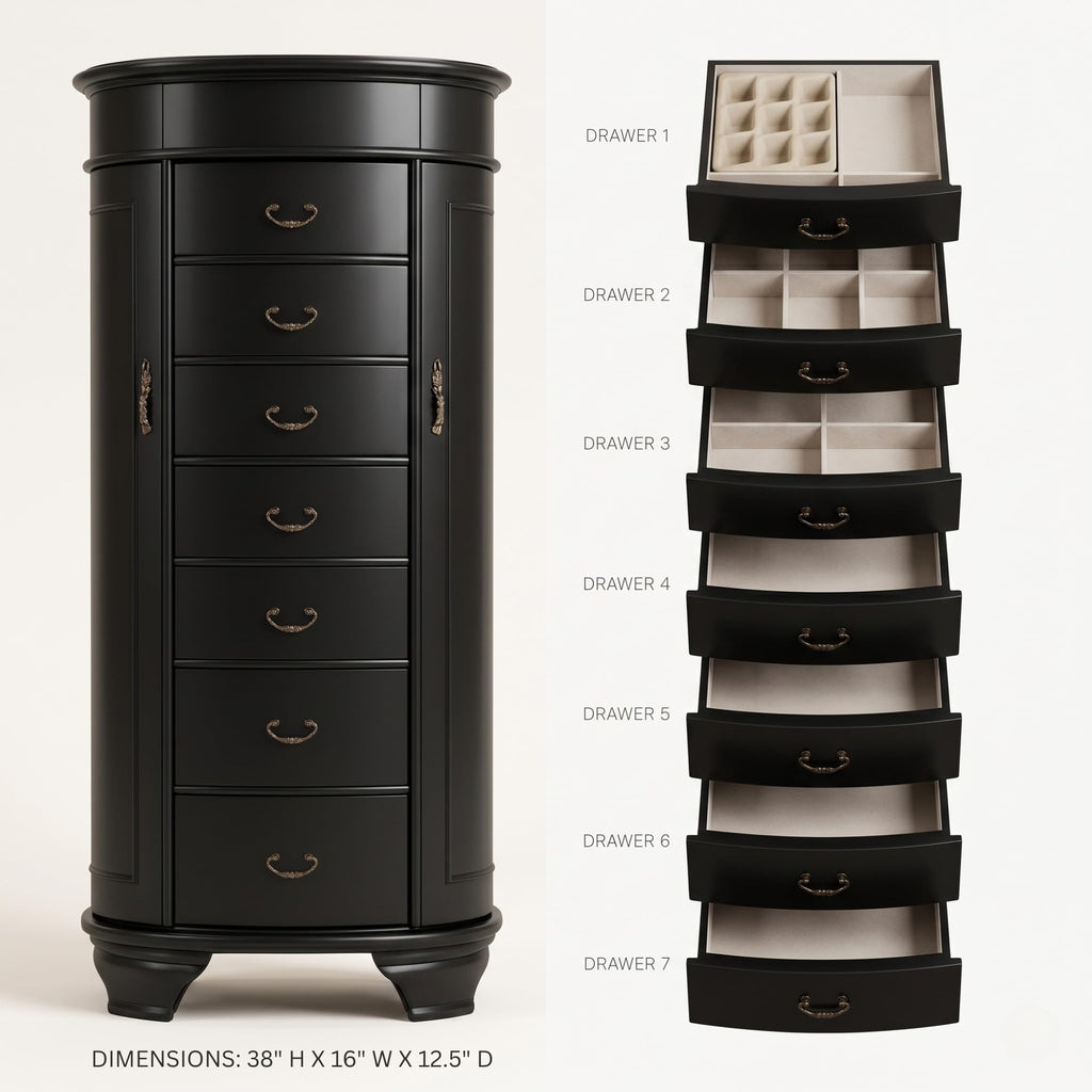 Daley Oval Jewelry Armoire, Stylish Standing Organizer with Mirror, 7 Drawers, 20 Necklace Hooks, Anti-Tarnish