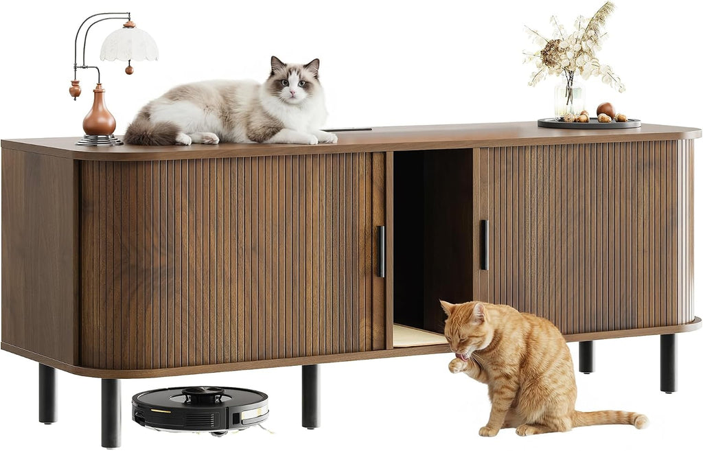 60" Double Cat Litter Box Enclosure with Power Outlet