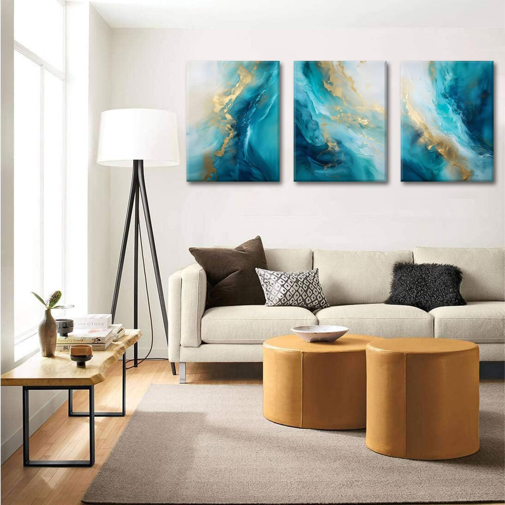 Teal Gold Canvas Wall Art Set of 3 Abstract Aqua Blue Gold Marble Fluid Wall Decor Pictures Neutral Modern Minimalist