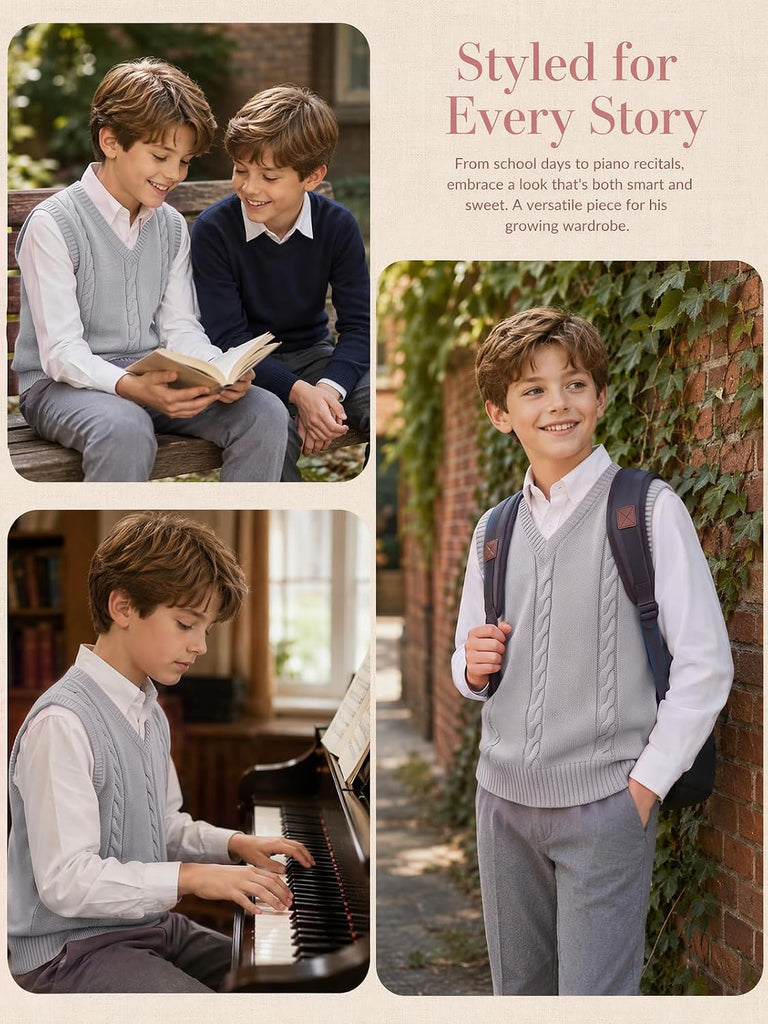 Boys V Neck Cable Knit School Uniform Sweater Vest