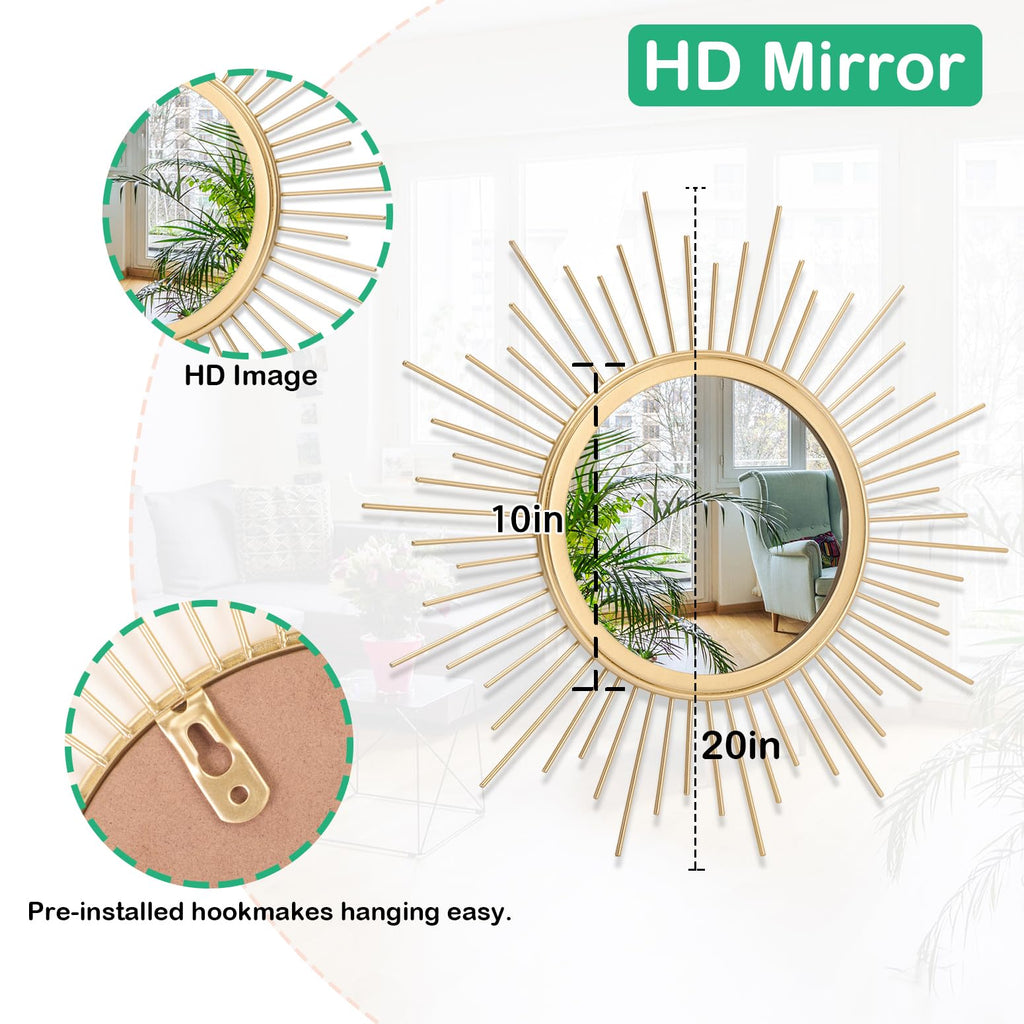 Large Gold Spoked Sunburst Wall Mirror Boho Home Decor Round Wall Art Mirror Modern Metal Mirrors for Wall Living