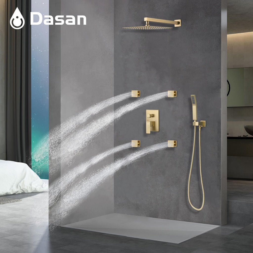 Full Body Rain Shower System with 4 Body Shower Jets & 12'' Wall Mount Rainfall Shower Head & Handheld, Multi Shower