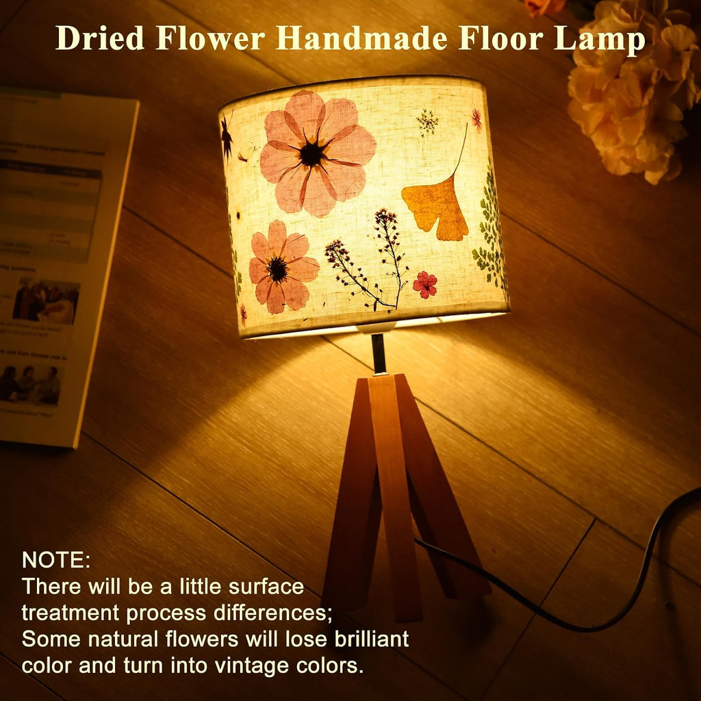 Dried Flowers Tripod Table Lamp 14.96in, 9W LED Color Cute Bedside Lamp with Flowers Linen Lampshade, Kid Room