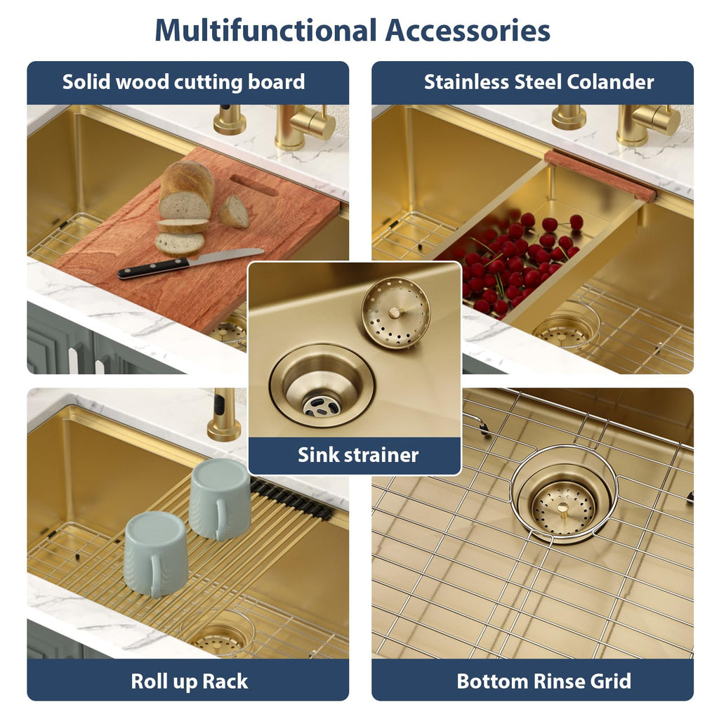 Gold Undermount Kitchen Sink Workstation 30 Inch Kitchen Sink 16 Gauge Stainless Steel Under Counter Sink Single Bowl