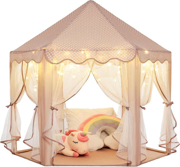 Princess Play Tent for Girls: Brown Large Kids Castle Playhouse with Mesh Curtains & Star Lights - Indoor Outdoor