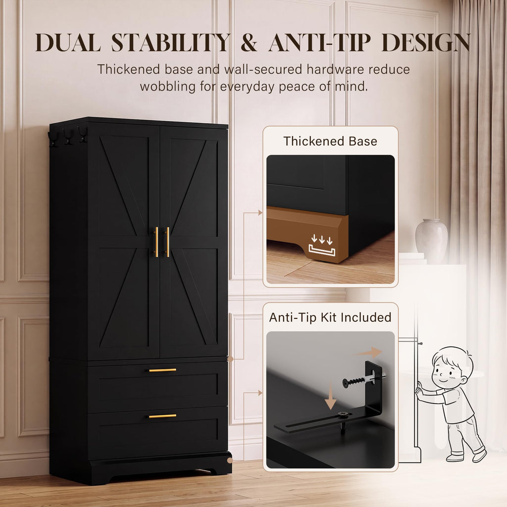 70.9" Armoire Wardrobe Closet with Sensor Light, 2 Drawers (Black)