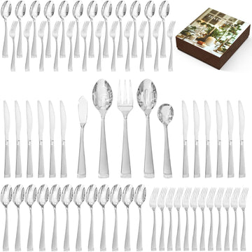 Silverware Set, 65-Piece Flatware Set for 12, 18/10 Stainless Steel Cutlery Set with Bead Edge, Utensil