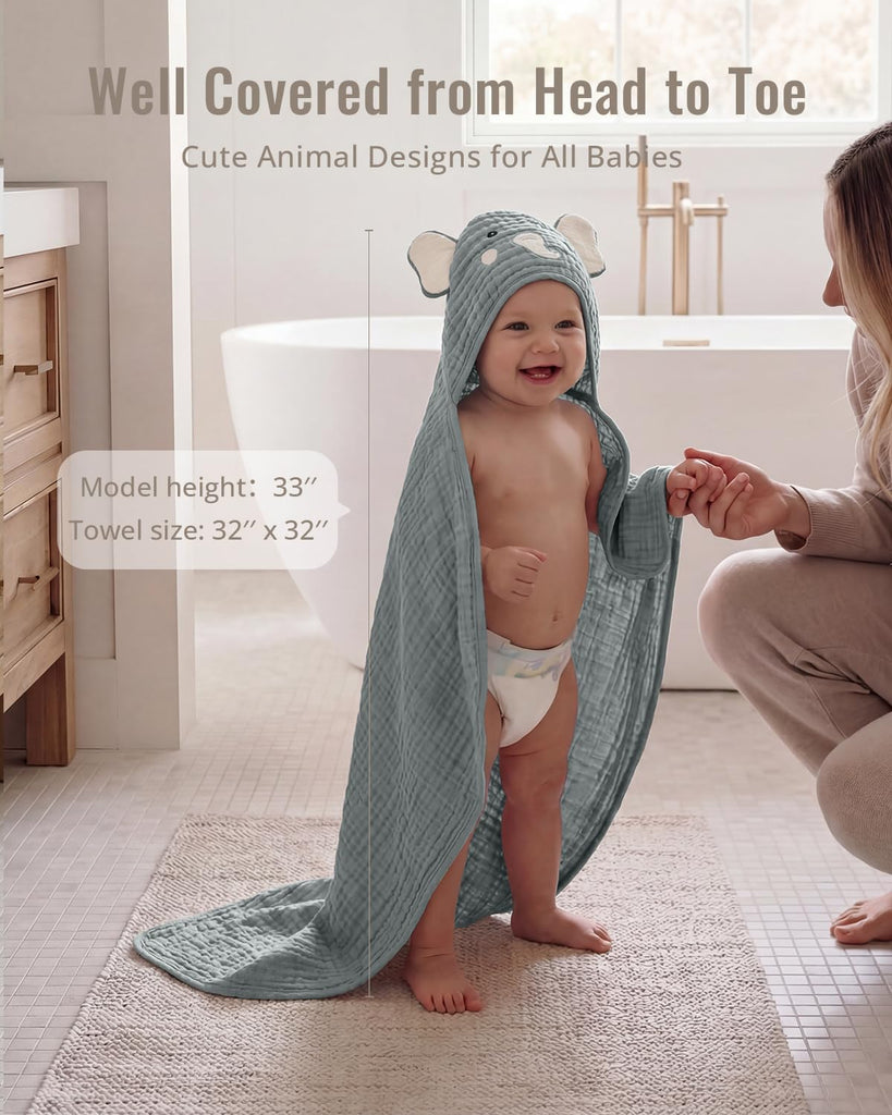 Muslin Baby Hooded Towel 2 Pack, Soft & Absorbent Bath Towel for Infant, Toddler, Unisex, Baby Gift, Newborn