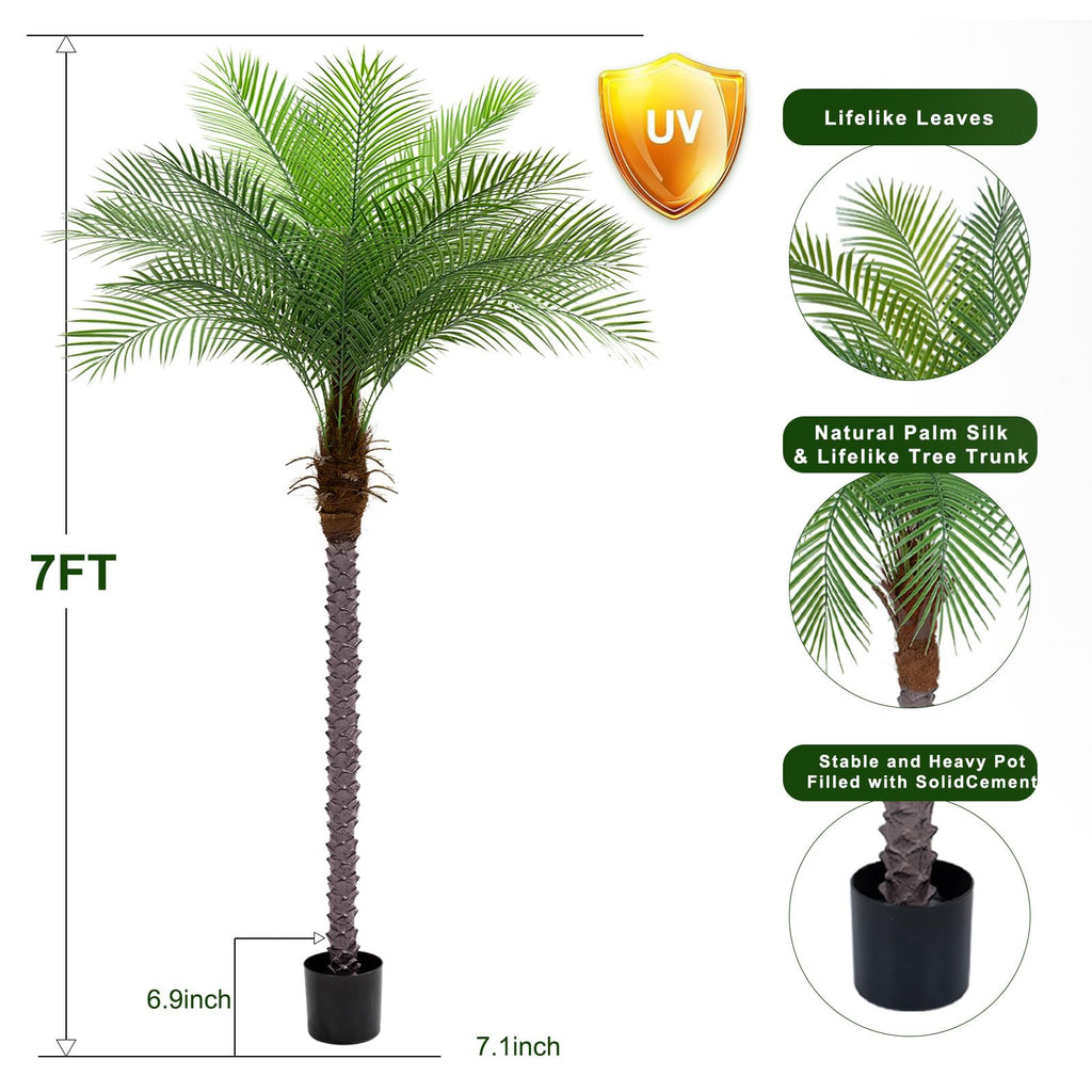 7ft Artificial Phoenix Palm Tree, Faux Coconut Silk Tropical Fake Palm Plant for Indoor Outdoor Home Office Patio