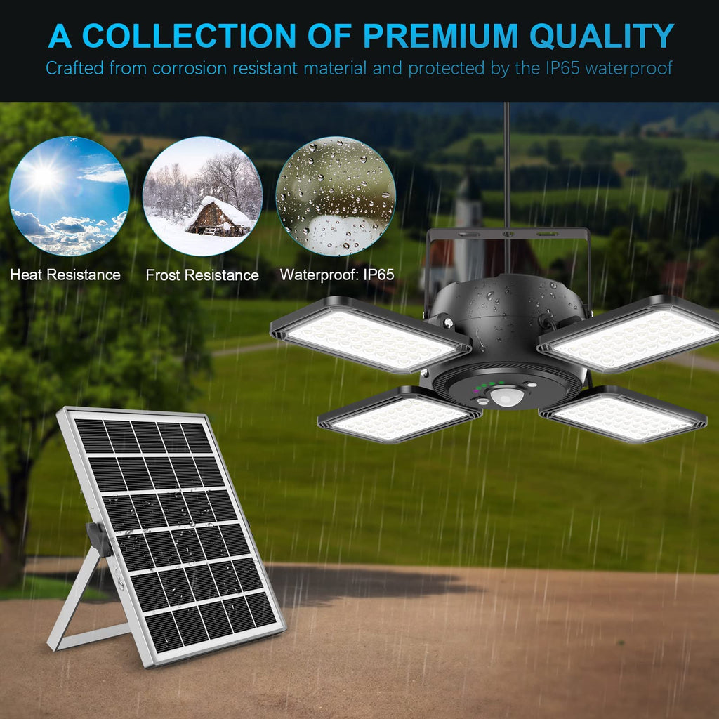 Solar Pendant Light Outdoor Indoor, 4 Heads Shed Light with Remote & Sensor