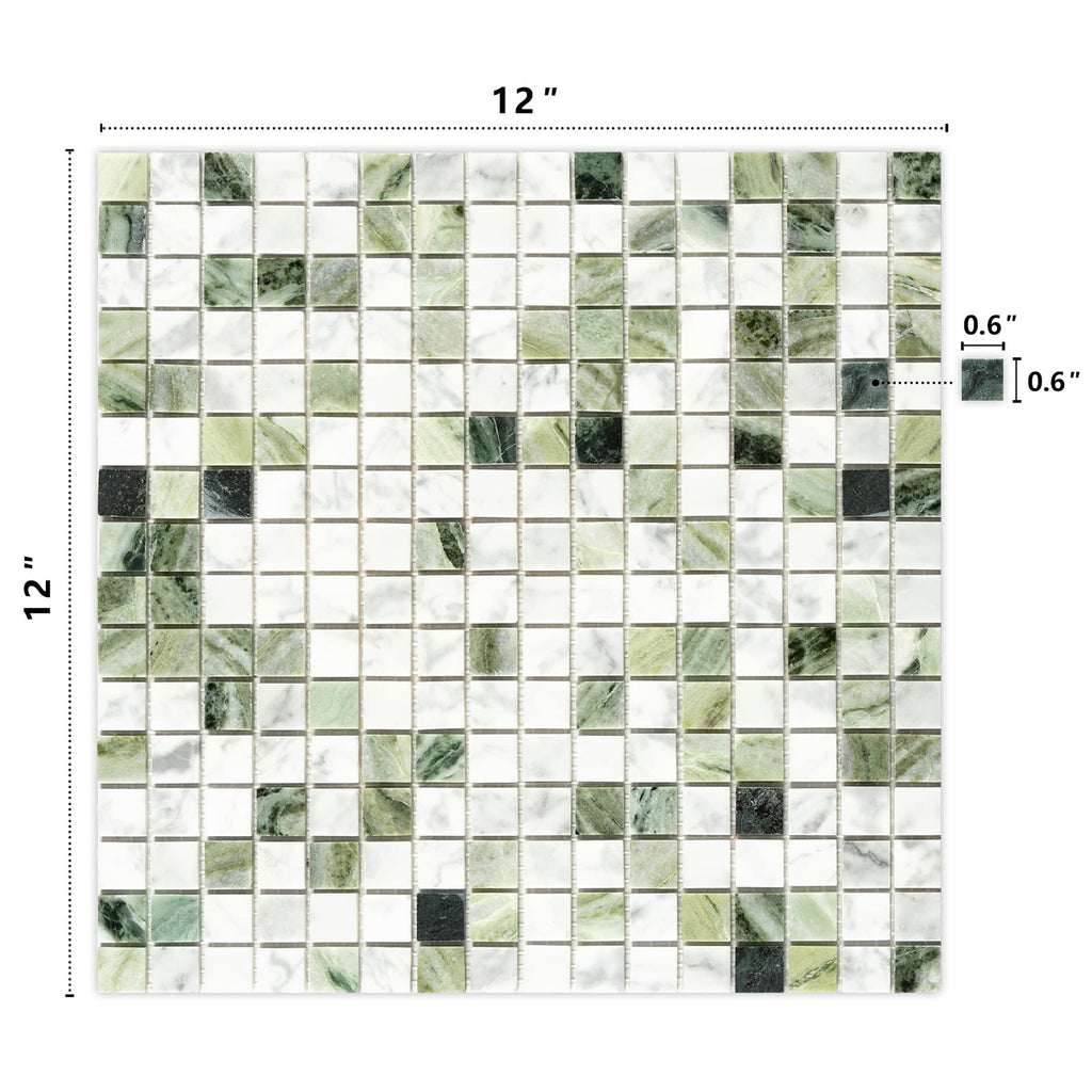 6 Sheets Emerald Green and Carrara White Marble Square Mosaic backsplash Tiles, Polished Shower Room Floor and Wall
