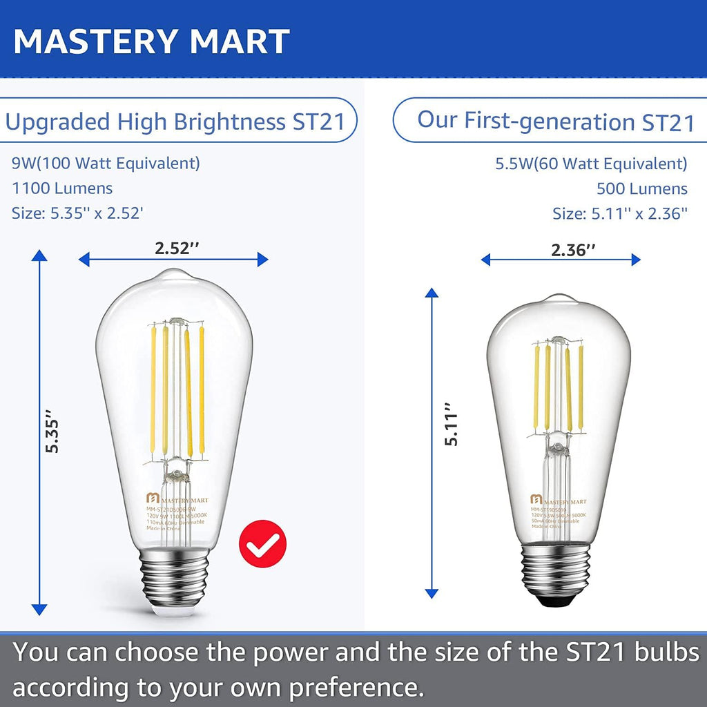 100 Watt LED Bulb, Edison Bulbs, Dimmable Lightbulbs E26, 5000K Daylight White Bright 9W 1100 Lumens, ST21/ST64
