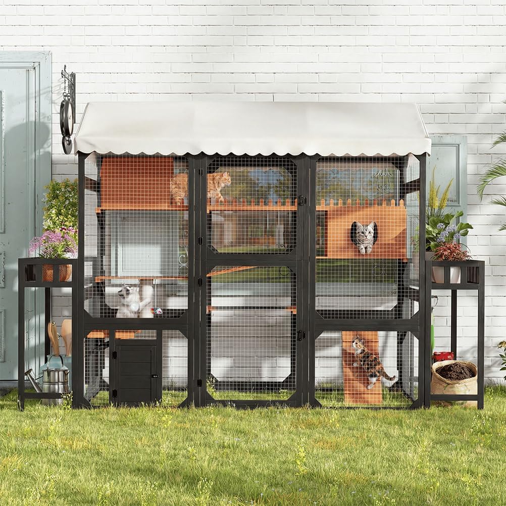 Large Outdoor Cat Enclosure Catio with Platforms & Bridges, 107" Wooden Cat House with Waterproof Roof, Walk-in Cat